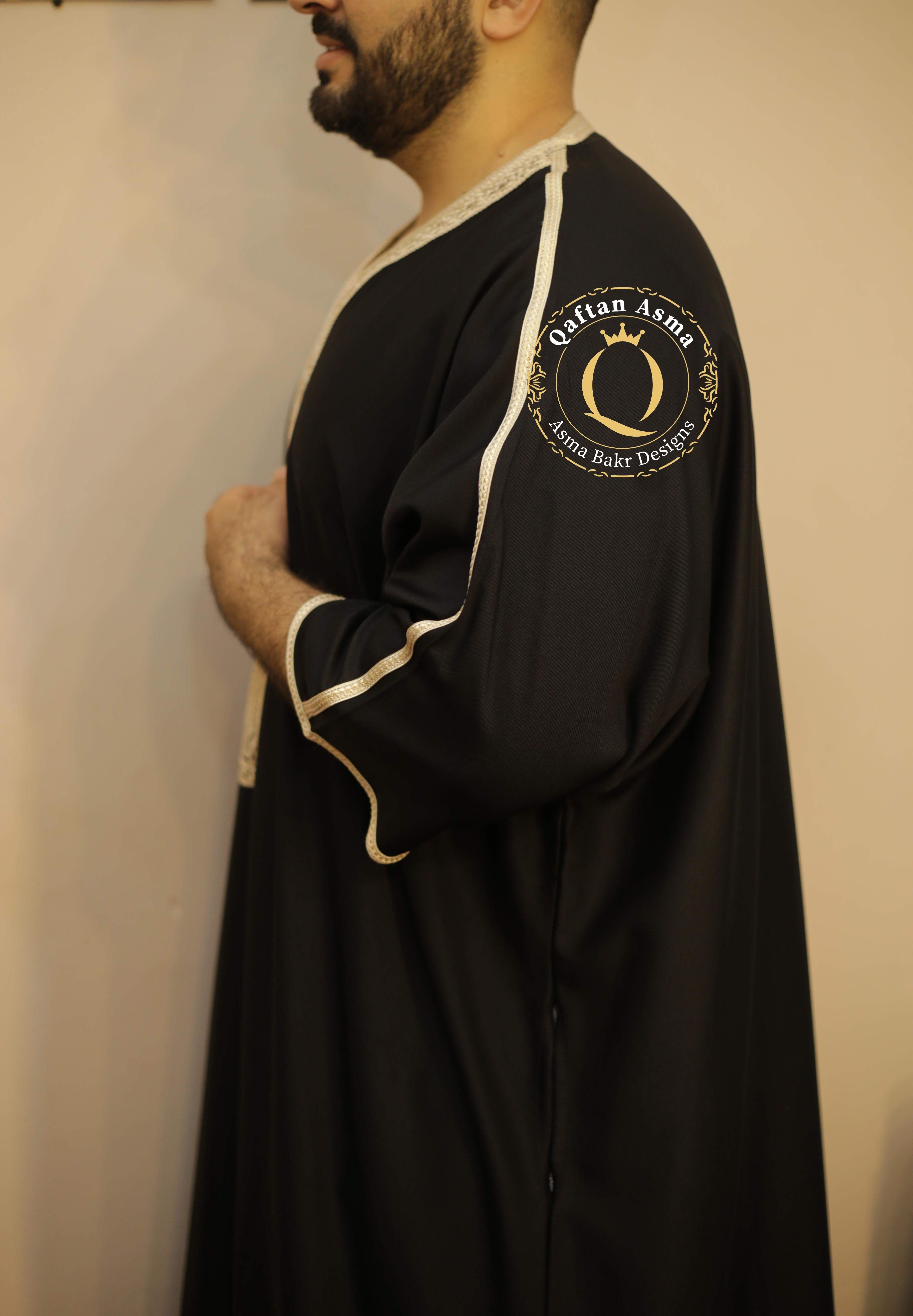 قندورة مغربي رجالي صيفي أسود تطريز سكري